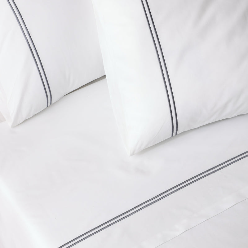 Whites of London 250TC Organic Cotton Embroidered Sheet Sets : Greystone on White double stripe embroidery detail