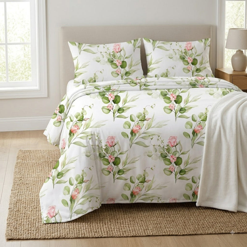 Close up of Whites of London NZ Flutter 250TC GOTS certified organic cotton printed fitted sheet set