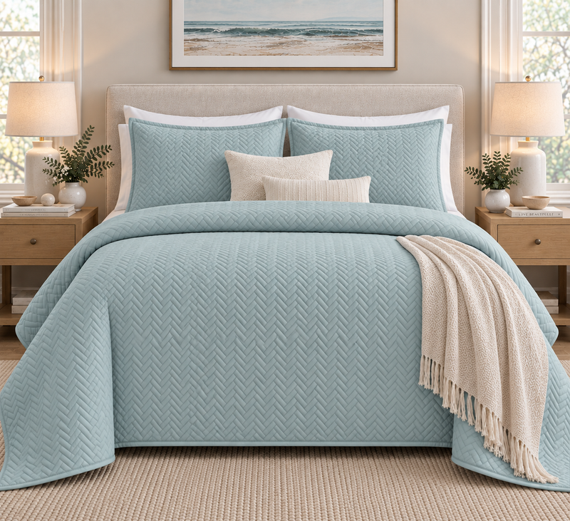 full bed view of COTTON QUILTED HERRINGBONE BEDSPREAD SET - SURF SPRAY