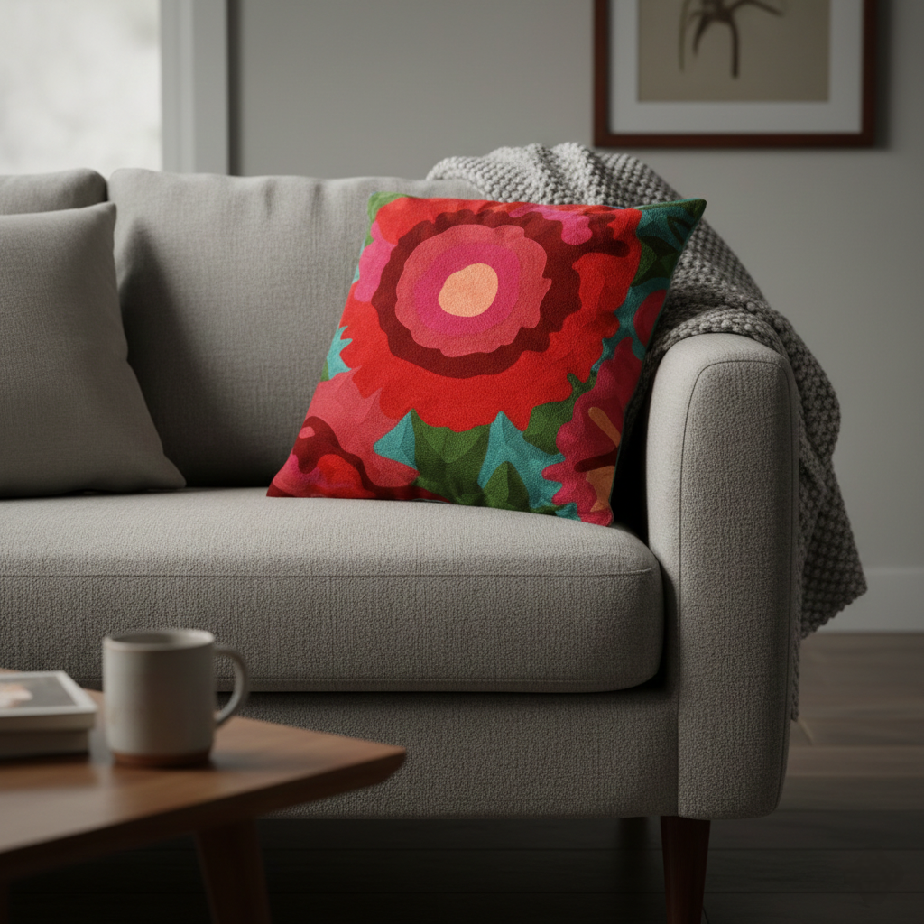 Whites of London Bliss Decorative Cushion – bold red floral crewel embroidery on grey sofa NZ & Australia