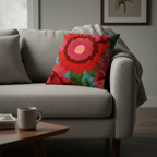 Whites of London Bliss Decorative Cushion – bold red floral crewel embroidery on grey sofa NZ & Australia