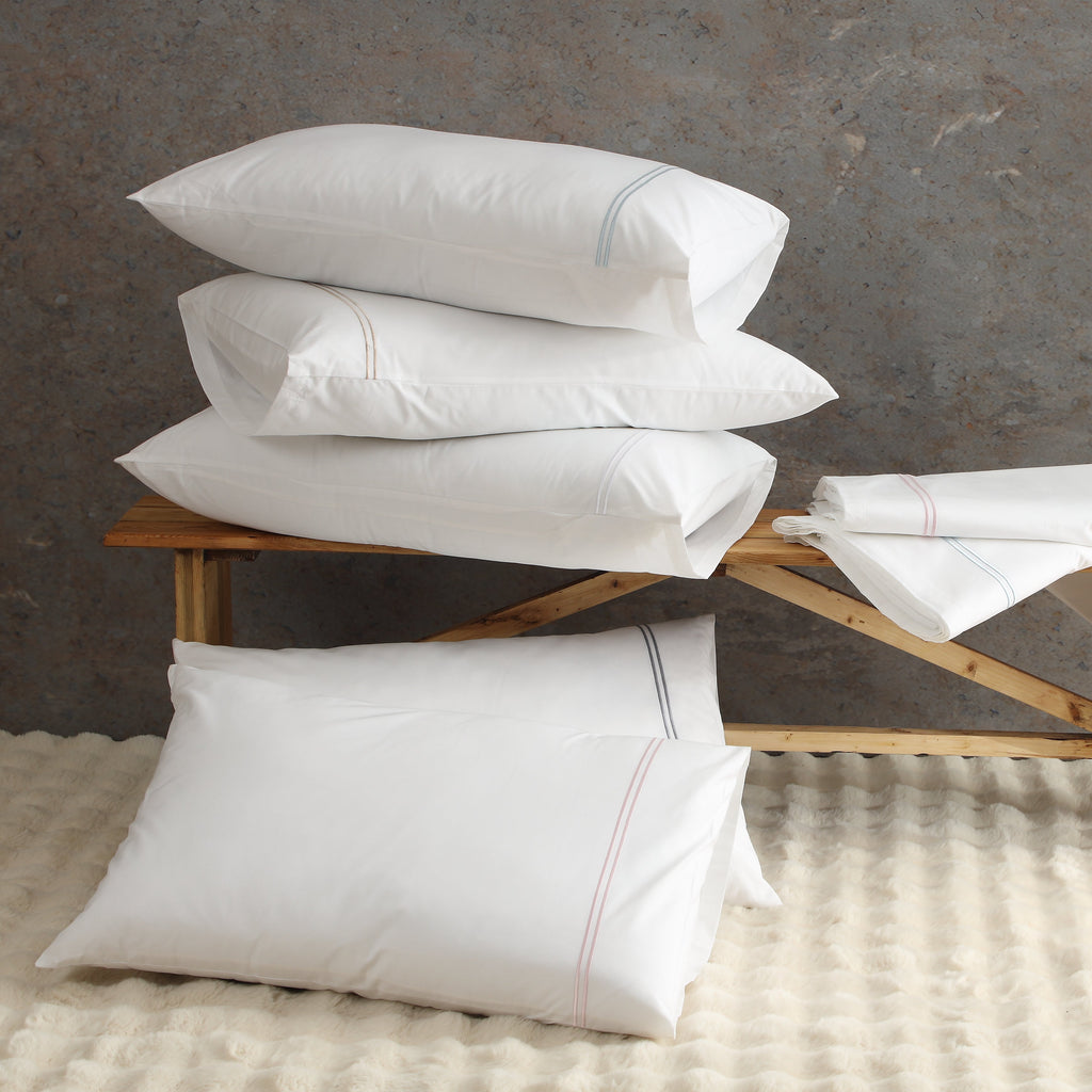 250 TC WHITE ORGANIC COTTON EMBROIDERED SHEET SET - SKY ON WHITE