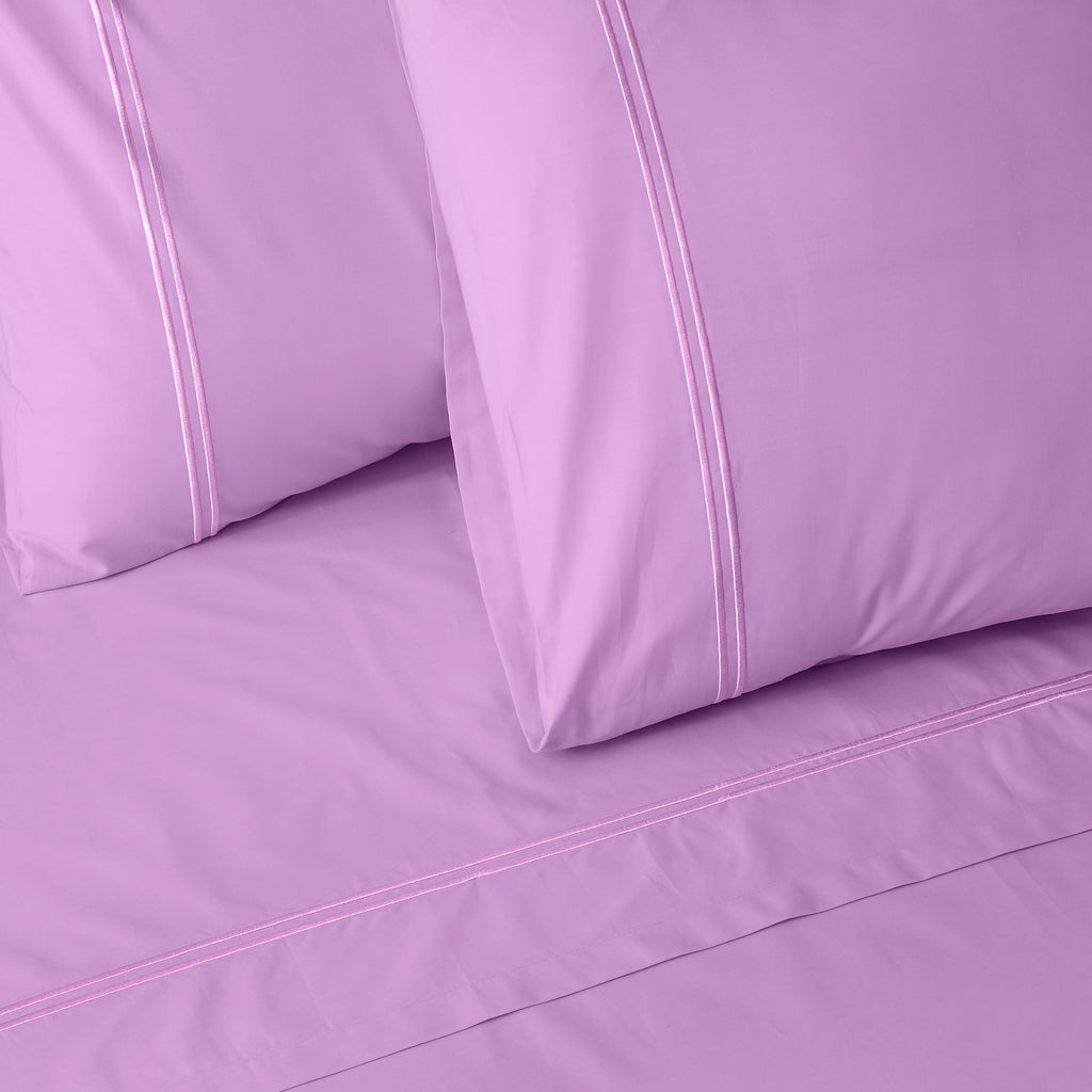 Whites of London 250TC GOTS certified Organic Cotton Coloured Sheet Set – Orchid – tonal lilac double embroidered stripe detail