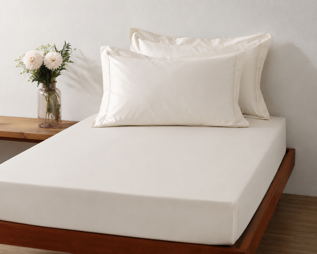 Whites of London white 750TC GOTS certified  organic cotton pillowcases pair flange border New Zealand - Ivory