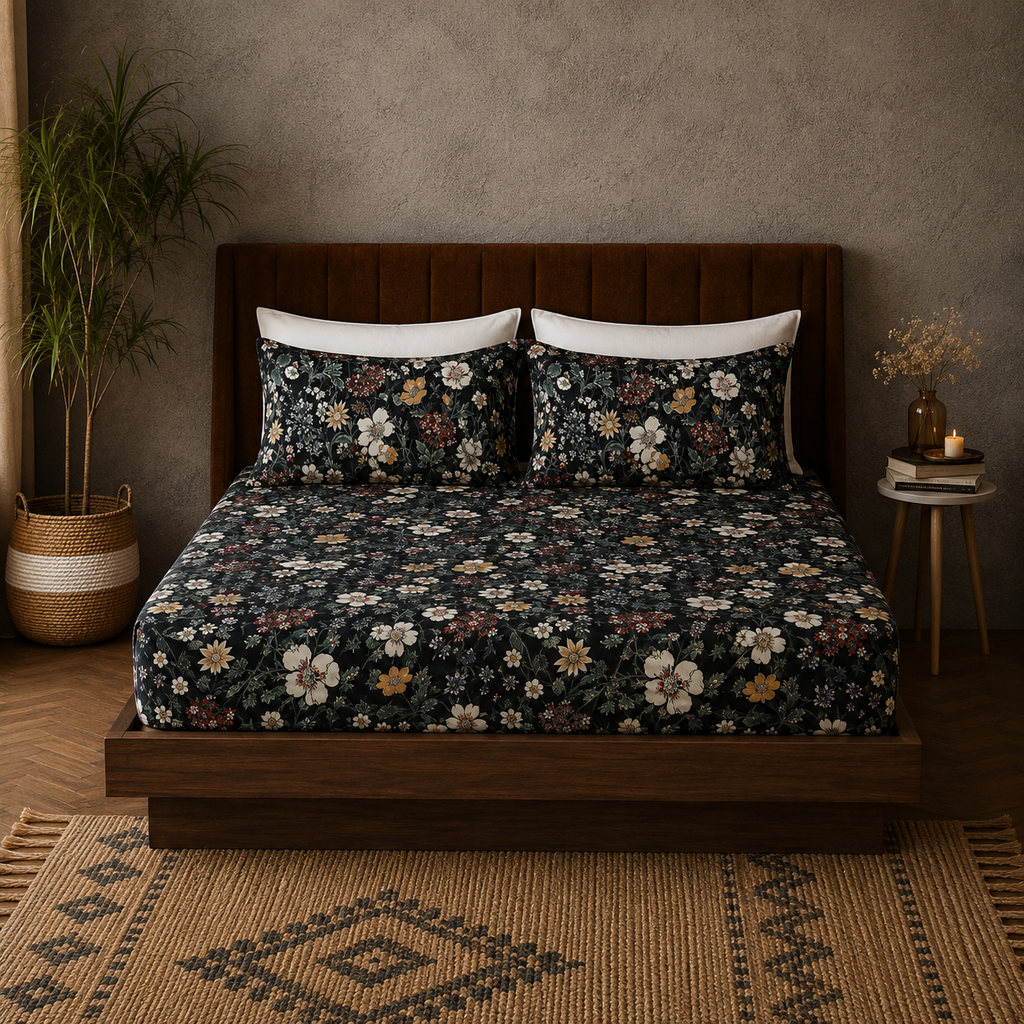 FULL BED VIEW ORGANIC COTTON PRINTED FITTED SHEET SET - ADRIANA BLACK 250TC
