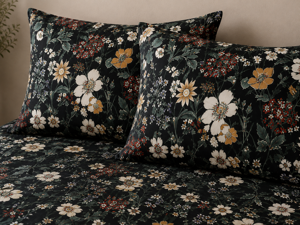PILLOWCASE STYLED ORGANIC COTTON PRINTED FITTED SHEET SET - ADRIANA BLACK 250TC