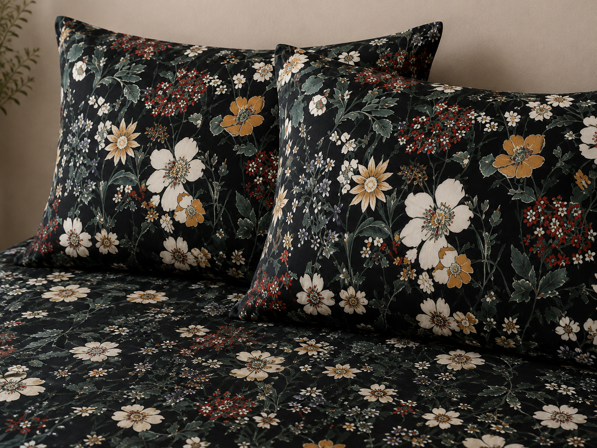 PILLOWCASE STYLED ORGANIC COTTON PRINTED FITTED SHEET SET - ADRIANA BLACK 250TC