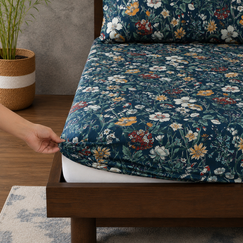 ORGANIC COTTON PRINTED FITTED SHEET SET - ADRIANA BLUE 250TC