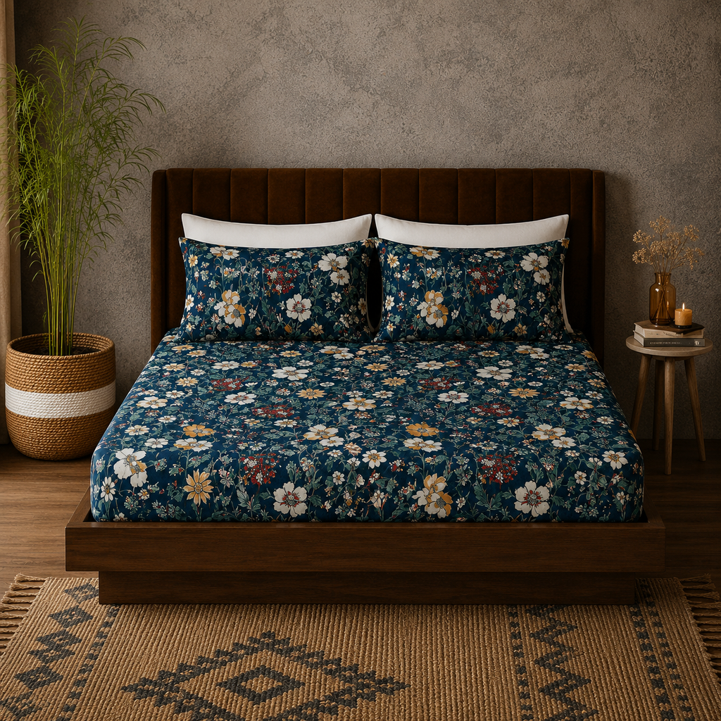 FULL BED VIEW ORGANIC COTTON PRINTED FITTED SHEET SET - ADRIANA BLUE 250TC