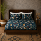 FULL BED VIEW ORGANIC COTTON PRINTED FITTED SHEET SET - ADRIANA BLUE 250TC