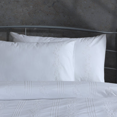 Whites of London Barrie 250TC GOTS certified organic cotton duvet cover set white embroidered pillowcase detail New Zealand