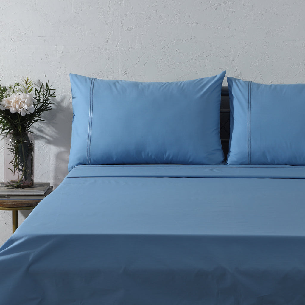 250 TC ORGANIC COTTON COLOURED EMBROIDERED SHEET SET -  BLUE MIRAGE