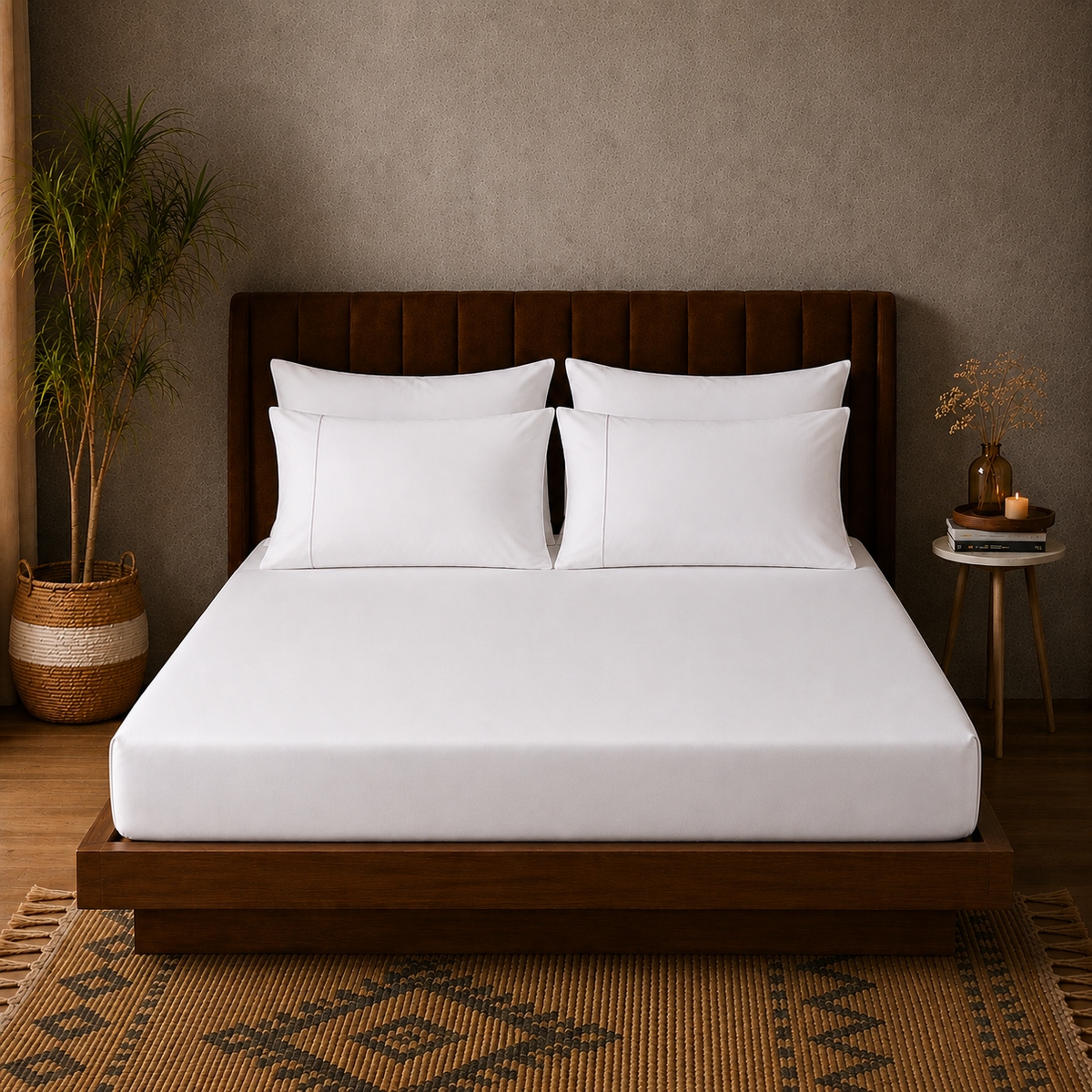 full bed view of BAMBOO COTTON EMBROIDERED FITTED SHEET SET - WHITE 375TC