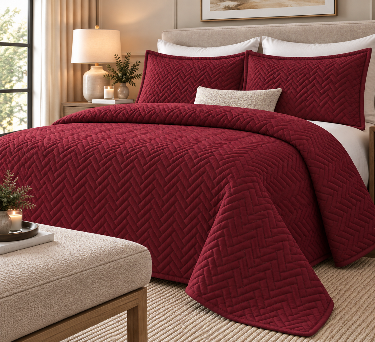 right hand view Cotton Quilted Herringbone Bedspread Set - Barn Red