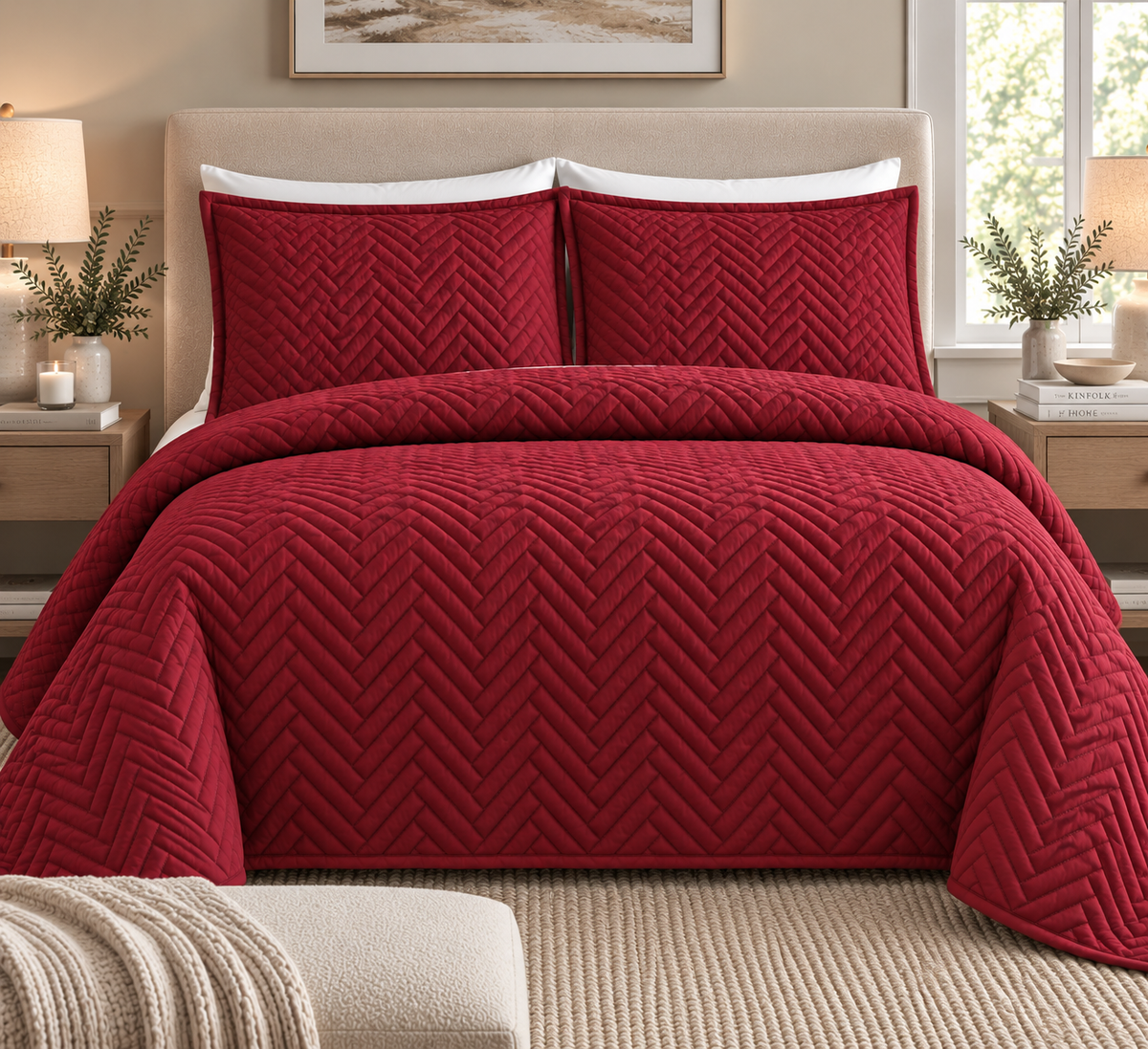 full bed view of Cotton Quilted Herringbone Bedspread Set - Barn Red
