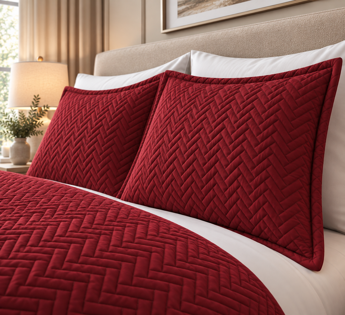 close up of shams Cotton Quilted Herringbone Bedspread Set - Barn Red