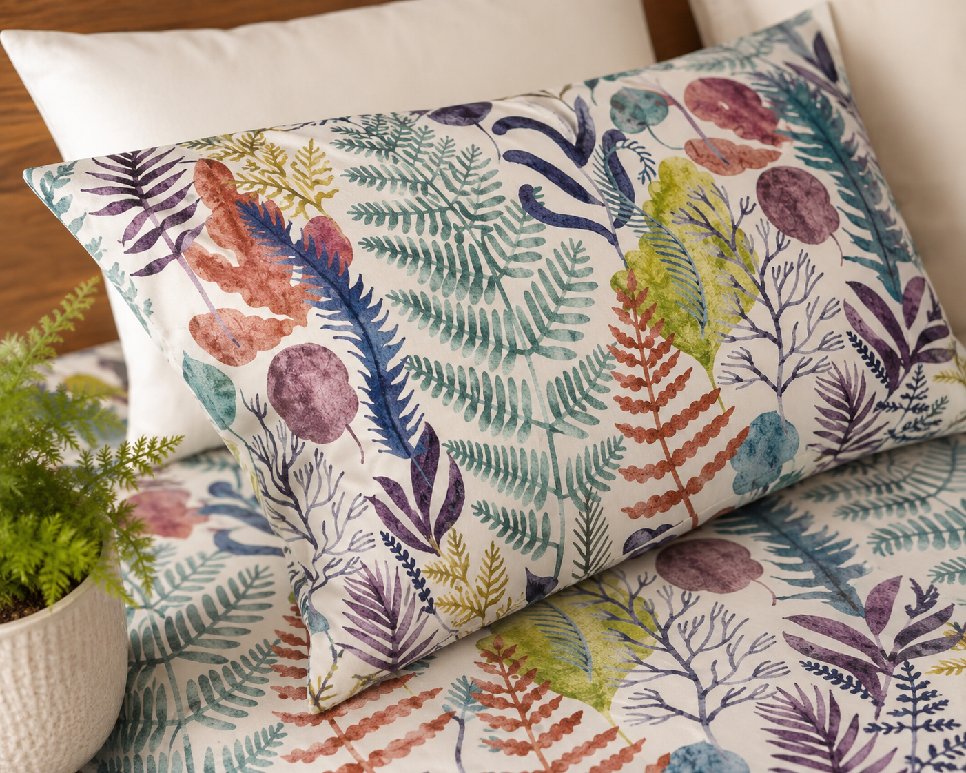 close up of Whites of London NZ Botanical Bliss 250TC GOTS certified organic cotton printed fitted sheet set 