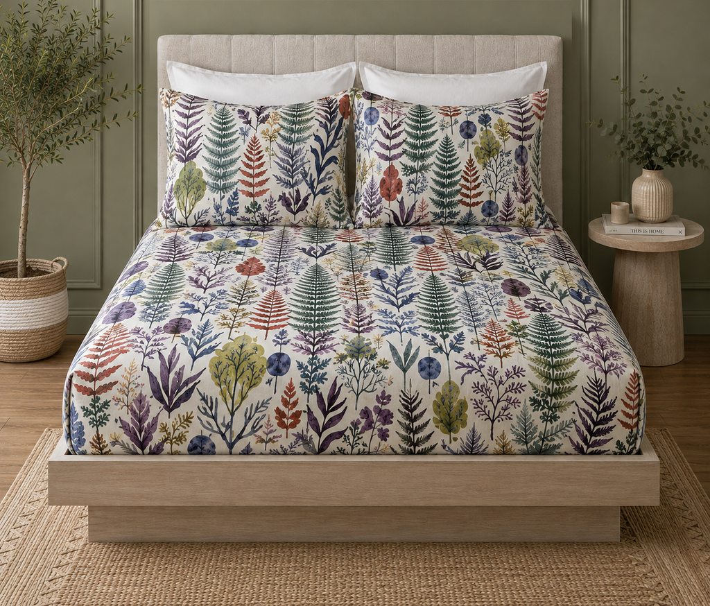 Whites of London NZ Botanical Bliss 250TC GOTS certified organic cotton printed fitted sheet set styled front shot 