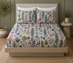 Whites of London NZ Botanical Bliss 250TC GOTS certified organic cotton printed fitted sheet set styled front shot 