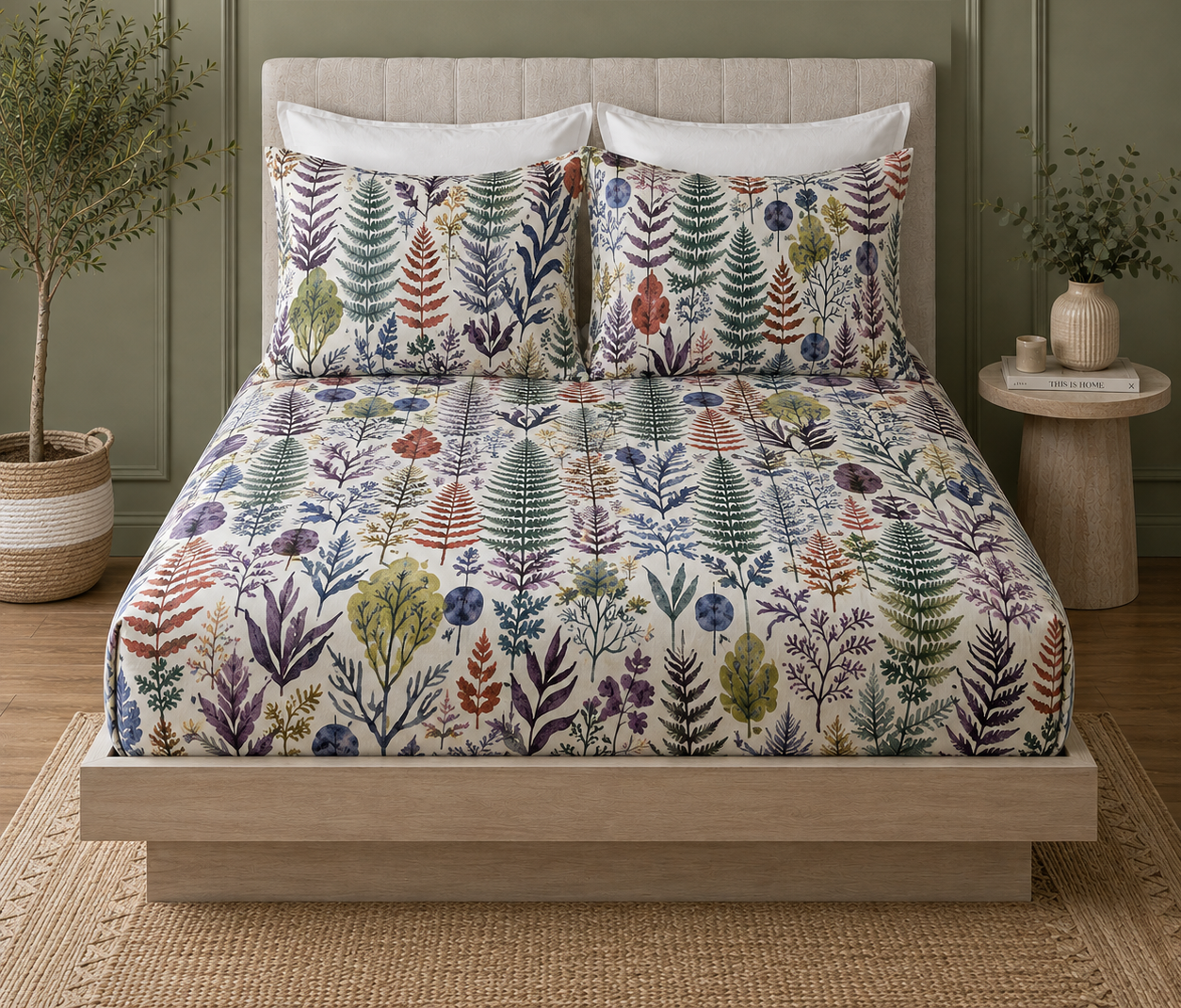 Whites of London NZ Botanical Bliss 250TC GOTS certified organic cotton printed fitted sheet set styled front shot 