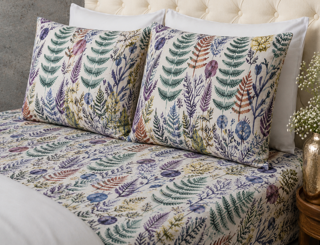 Whites of London NZ Botanical Bliss 250TC GOTS certified organic cotton printed fitted sheet set side angle 