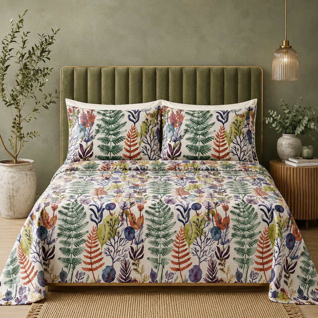 Full front bed view of Whites of London NZ Organic Cotton Percale Printed Sheet Set Botanical Bliss 250TC 