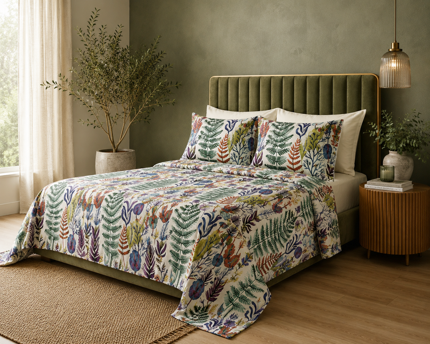 side angle of Whites of London NZ Organic Cotton Percale Printed Sheet Set Botanical Bliss 250TC 