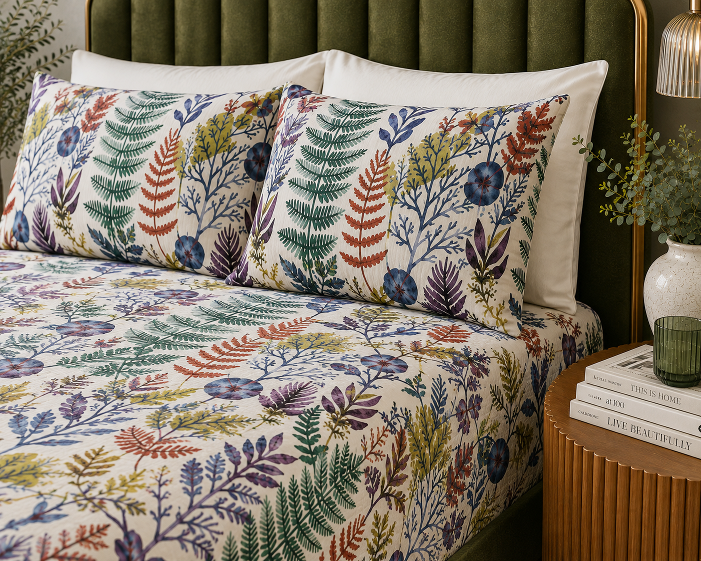pillowcases of the Whites of London NZ Organic Cotton Percale Printed Sheet Set Botanical Bliss 250TC 