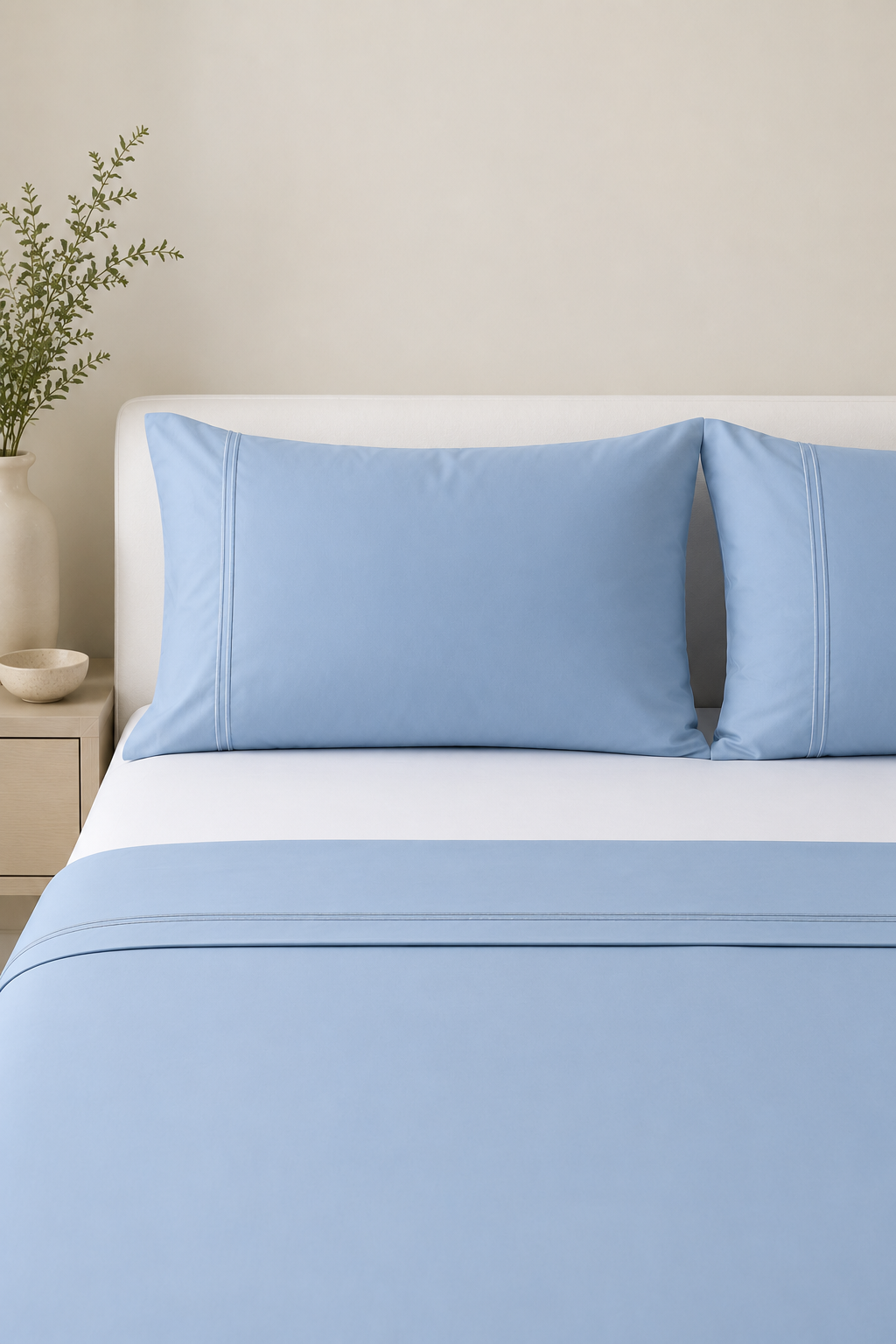 Estate Blue bedding set on a bed with two matching pillowcases. 250TC GOTS certified organic cotton and a matching flat sheet, styled in a minimalist bedroom setting.