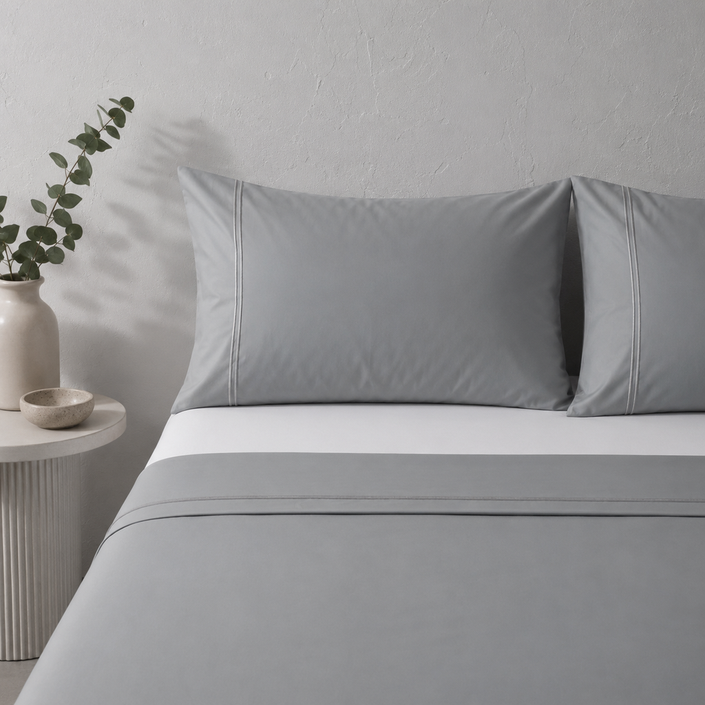 Whites of London 250TC GOTS certified Organic Cotton Coloured Sheet Set Greystone – tonal double embroidered stripe detail styled with organic cotton white fitted sheet