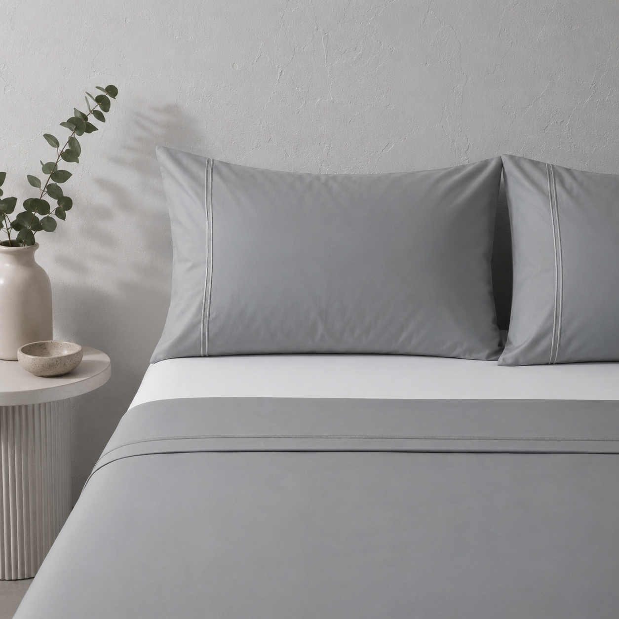 Whites of London 250TC GOTS certified Organic Cotton Coloured Sheet Set Greystone – tonal double embroidered stripe detail styled with organic cotton white fitted sheet