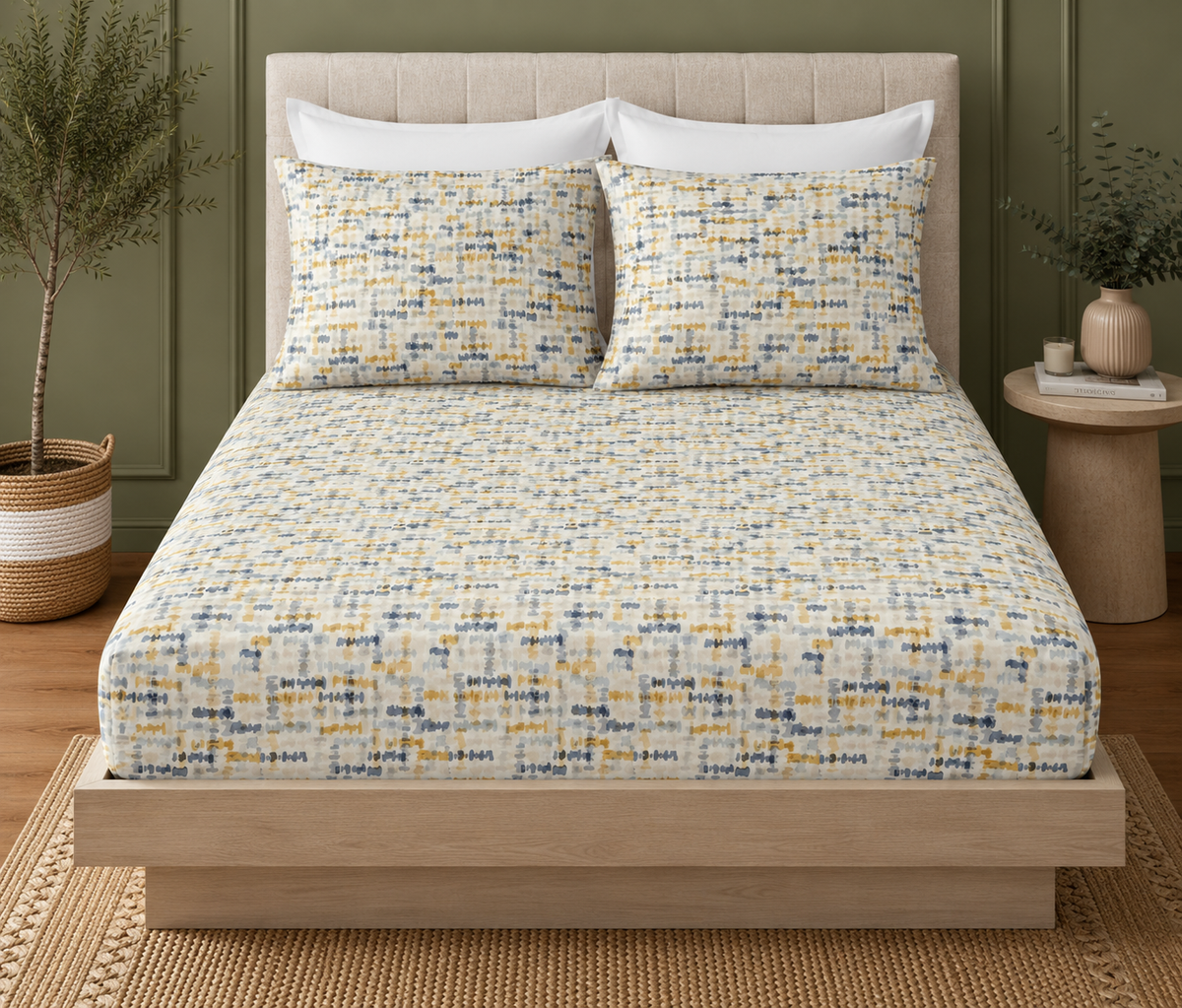 FULL BED VIEW ORGANIC COTTON PRINTED FITTED SHEET SET - CONFETTI 250TC