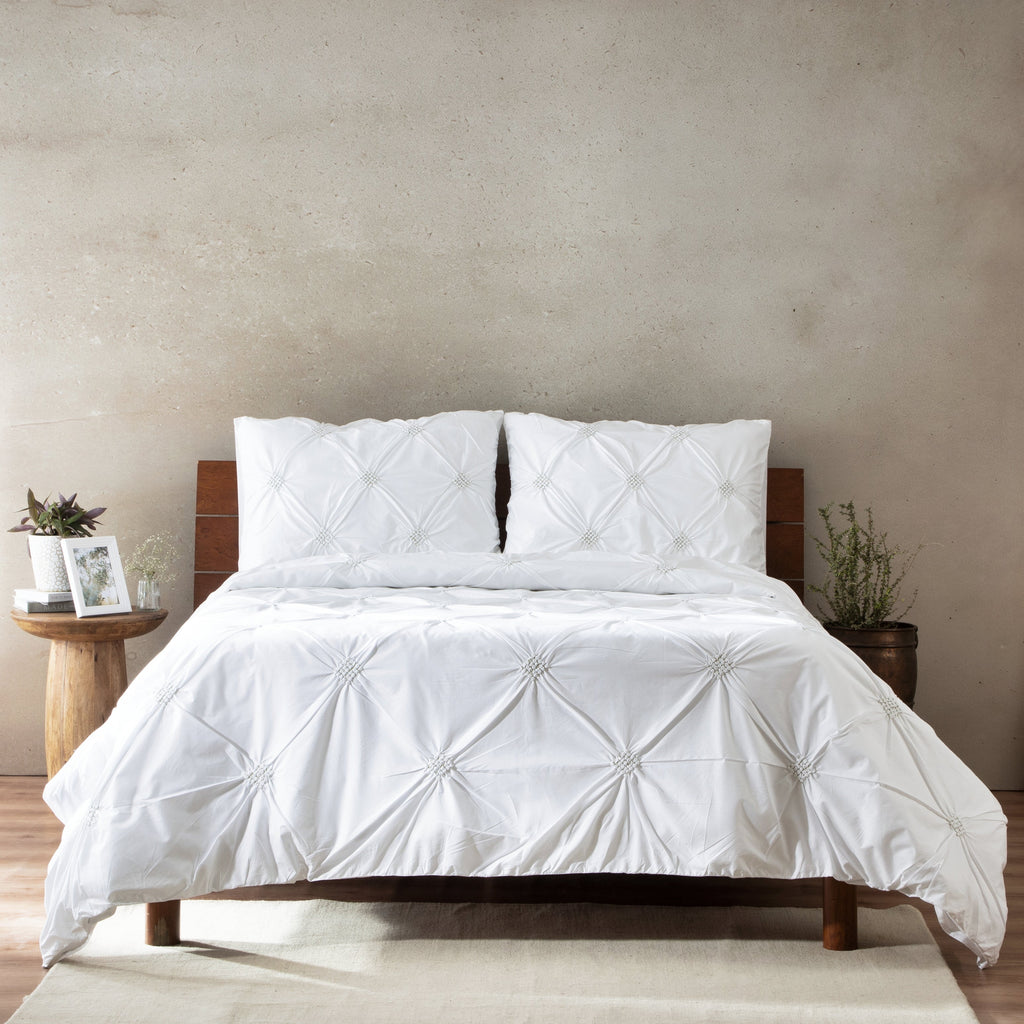 Diamond Rhapsody — organic cotton percale handcrafted rouched diamonds duvet cover set, 200 TC