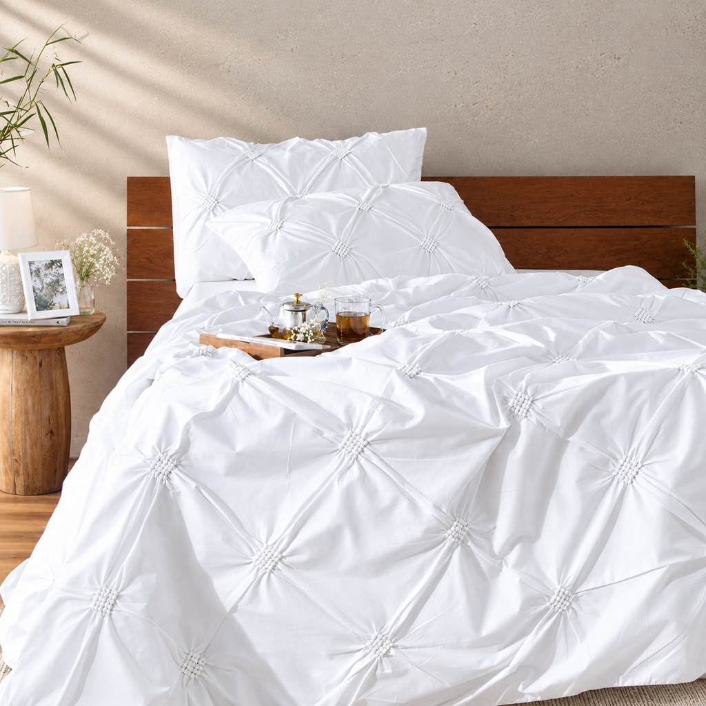 Whites of London Diamond Rhapsody 250TC GOTS certified  Organic Cotton Duvet Cover – white ruched diamond texture Australia