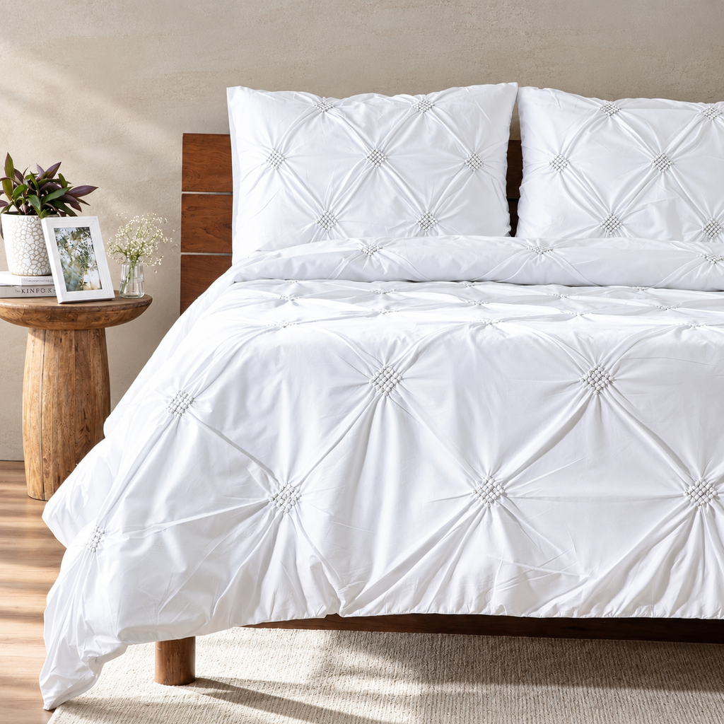 Whites of London Diamond Rhapsody 250TC GOTS certified  Organic Cotton Duvet Cover Set – white diamond pin tuck with pillowcases Australia