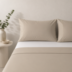 Whites of London 250TC GOTS certified Organic Cotton Coloured Sheet Set Dune – with embroidered trim luxury bed linen NZ styled with 250TC GOTS certified organic cotton fitted sheet