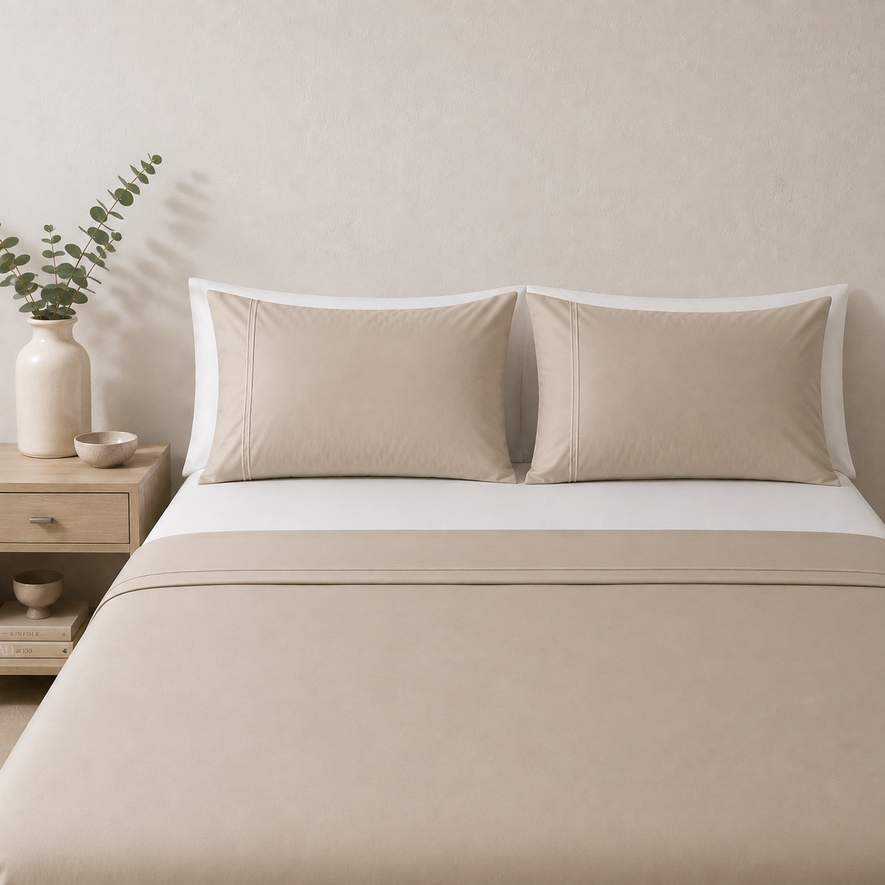 Dune 250TC GOTS certified organic cotton sheet set. Styled with white organic GOTS certified cotton fitted sheet. 