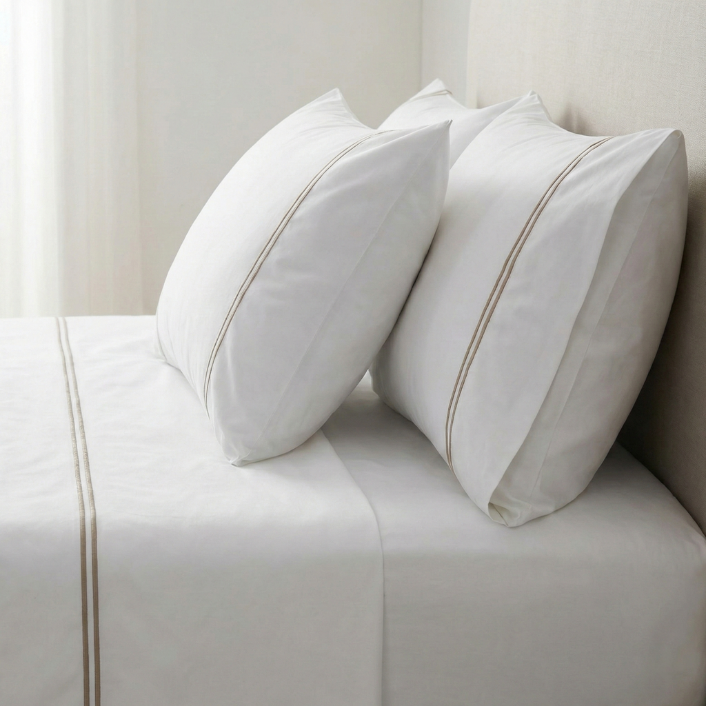 250 TC WHITE ORGANIC COTTON EMBROIDERED SHEET SET - DUNE ON WHITE