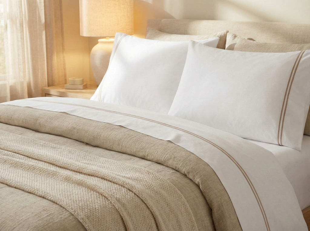 250 TC WHITE ORGANIC COTTON EMBROIDERED SHEET SET - DUNE ON WHITE