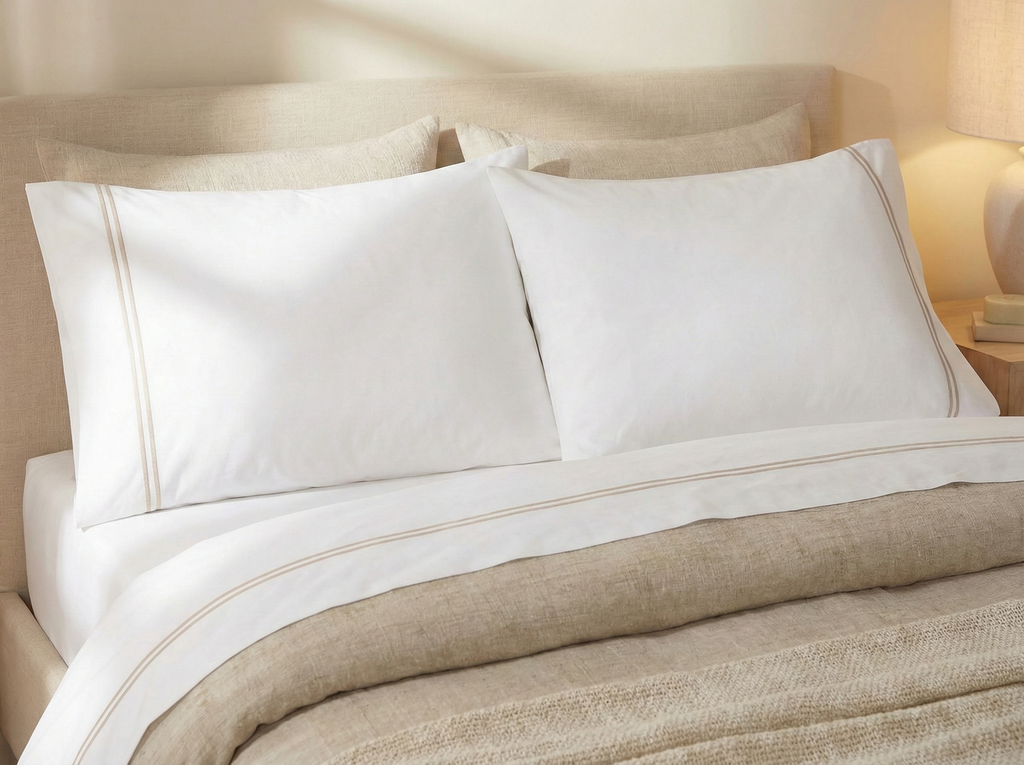 250 TC WHITE ORGANIC COTTON EMBROIDERED SHEET SET - DUNE ON WHITE
