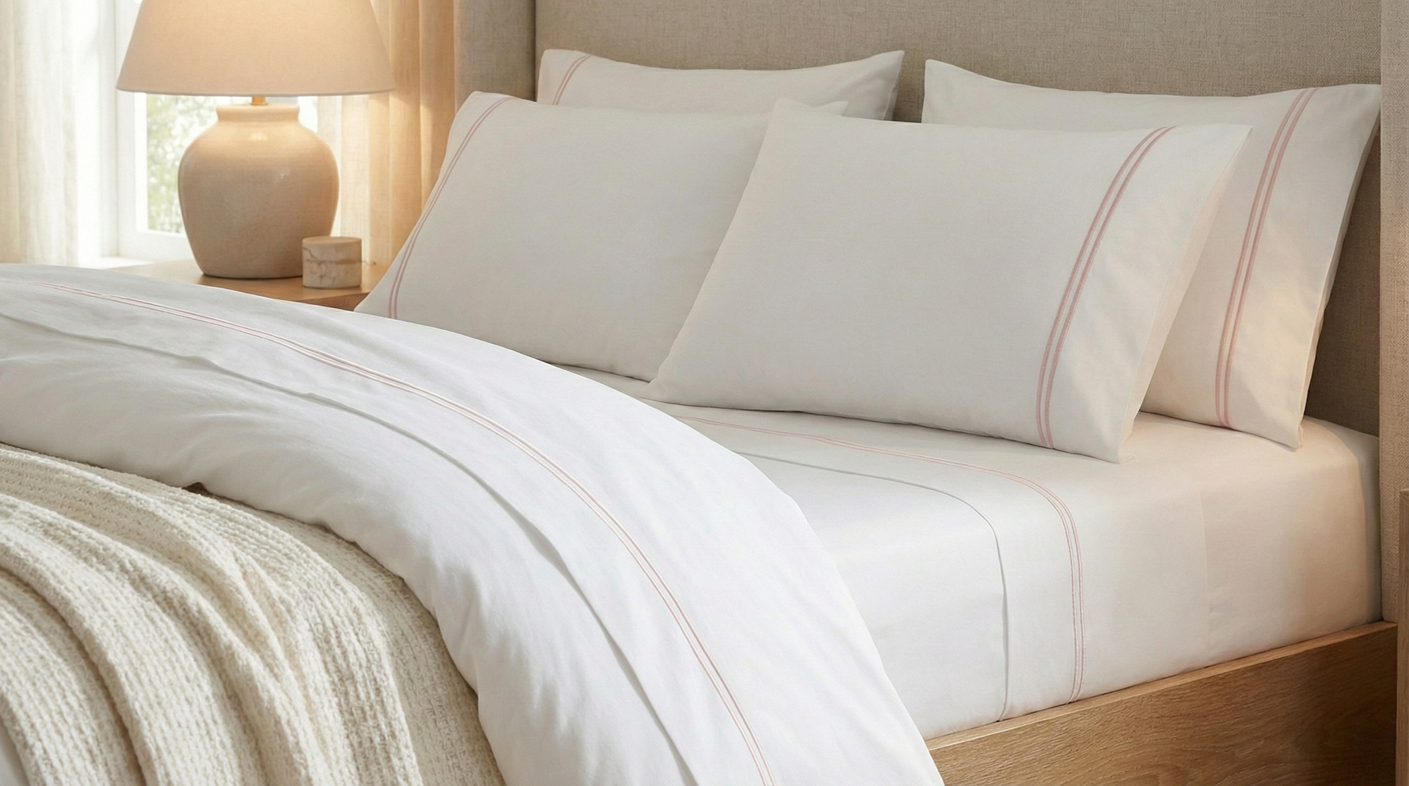 250 TC WHITE ORGANIC COTTON EMBROIDERED SHEET SET - DUSTY PINK ON WHITE