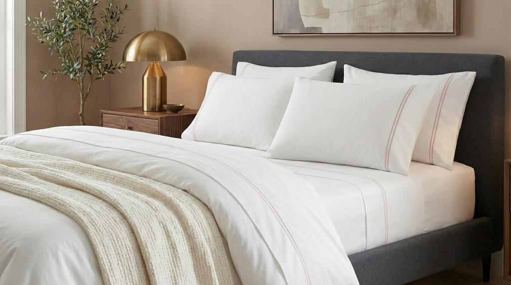 250 TC WHITE ORGANIC COTTON EMBROIDERED SHEET SET - DUSTY PINK ON WHITE