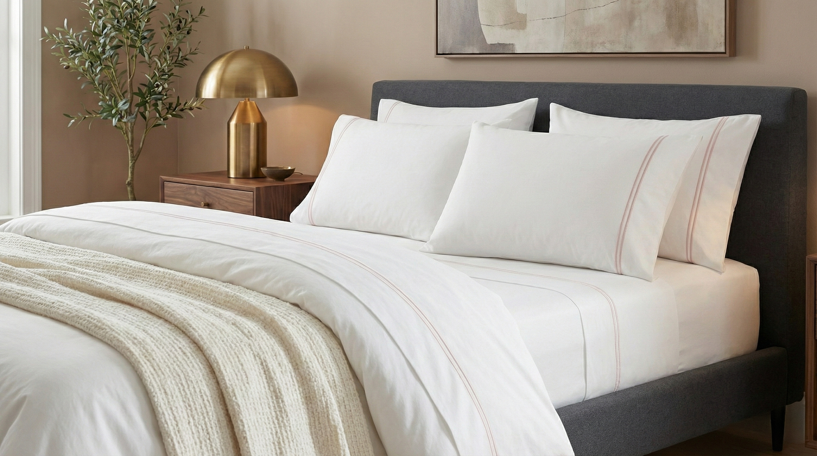 250 TC WHITE ORGANIC COTTON EMBROIDERED SHEET SET - DUSTY PINK ON WHITE