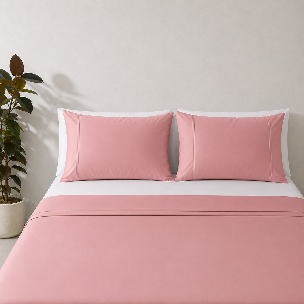 Dusty Pink 250TC GOTS certified organic cotton sheet set. Styled with white organic GOTS certified cotton fitted sheet. 