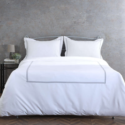 Whites of London Ethan white duvet cover set with grey embroidered border – 250TC GOTS certified organic cotton duvet cover New Zealand