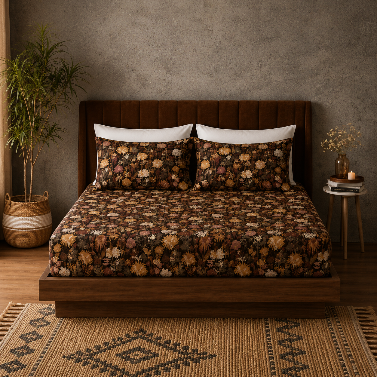 A full bed shot of Whites of London NZ Ember Garden 250TC GOTS certified organic cotton printed fitted sheet set 