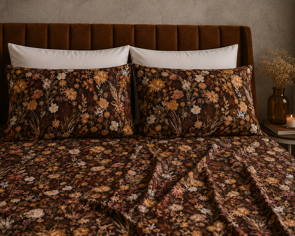 A close up of  Whites of London NZ Ember Garden 250TC GOTS certified organic cotton printed fitted sheet set 