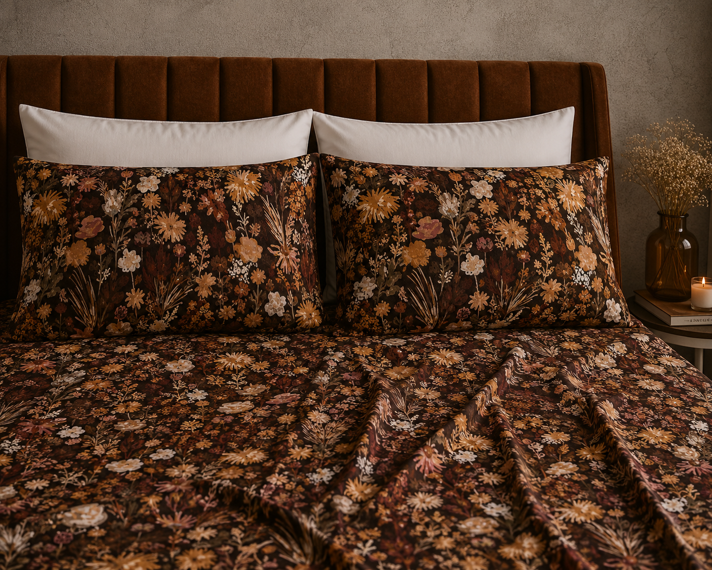 A close up of  Whites of London NZ Ember Garden 250TC GOTS certified organic cotton printed fitted sheet set 