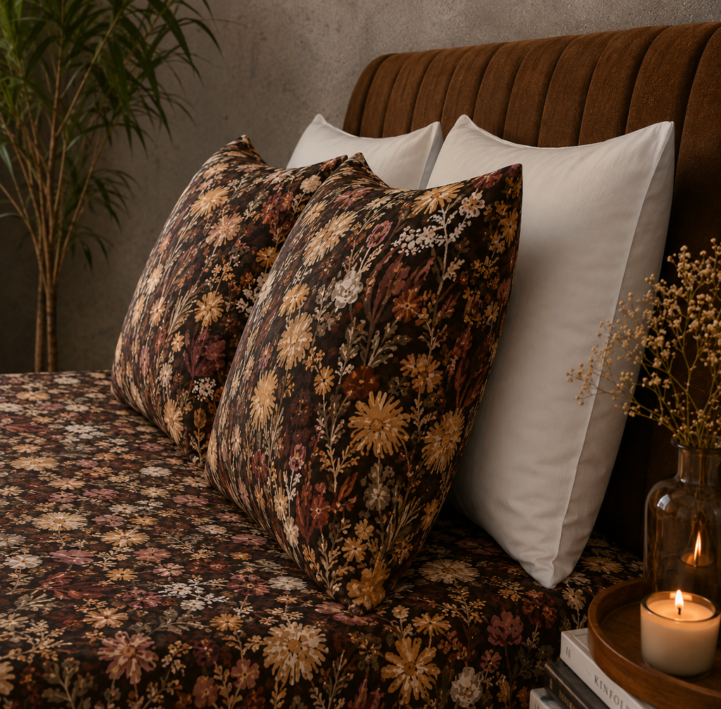 Whites of London NZ Ember Garden 250TC GOTS certified organic cotton printed fitted sheet set side view