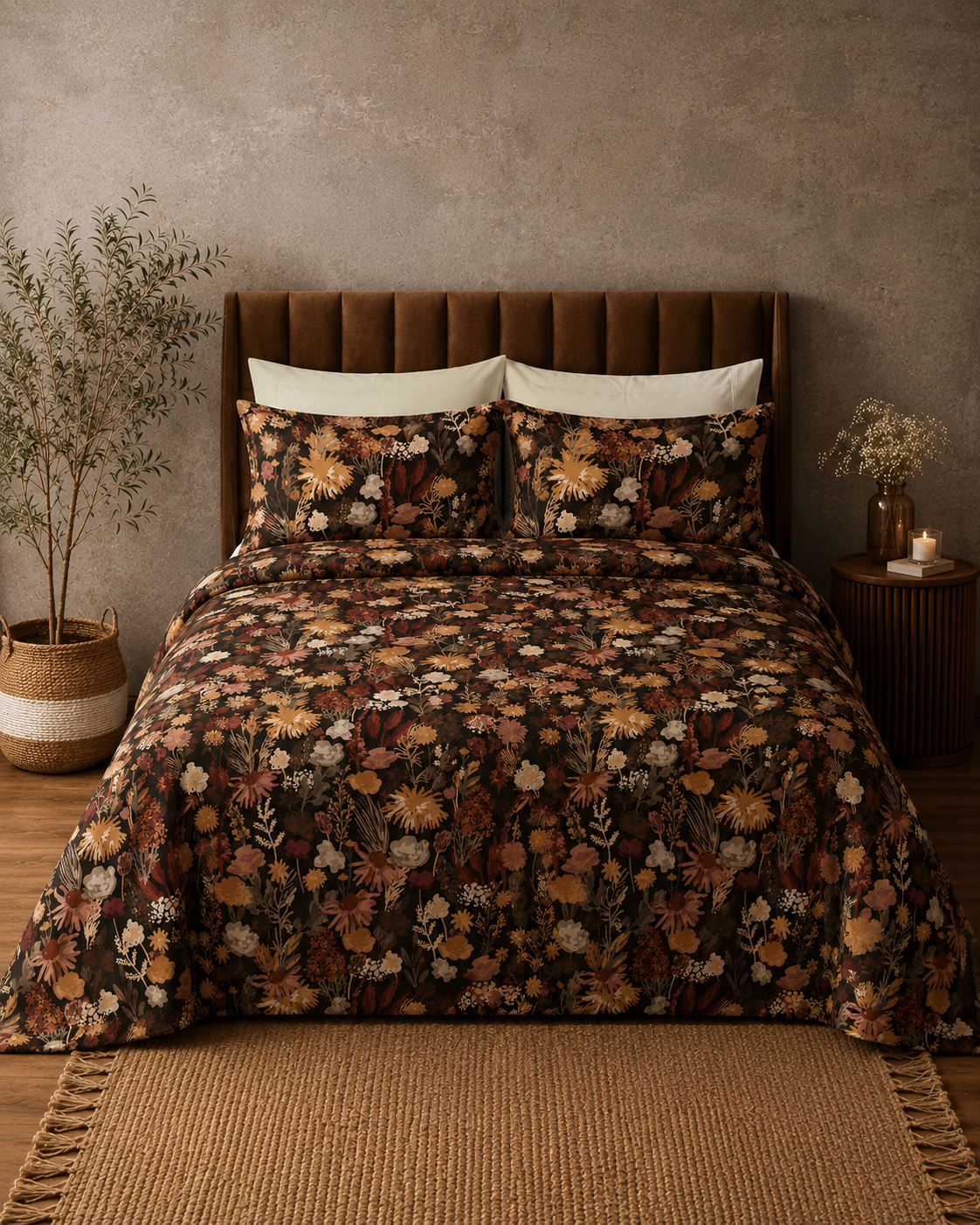 Full bed view of Whites of London NZ Organic Cotton Percale Printed Sheet Set Ember Garden 250TC 